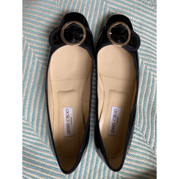 JIMMY CHOO Black Patent Leather Gold Buckle Flats - Picture 9 of 16
